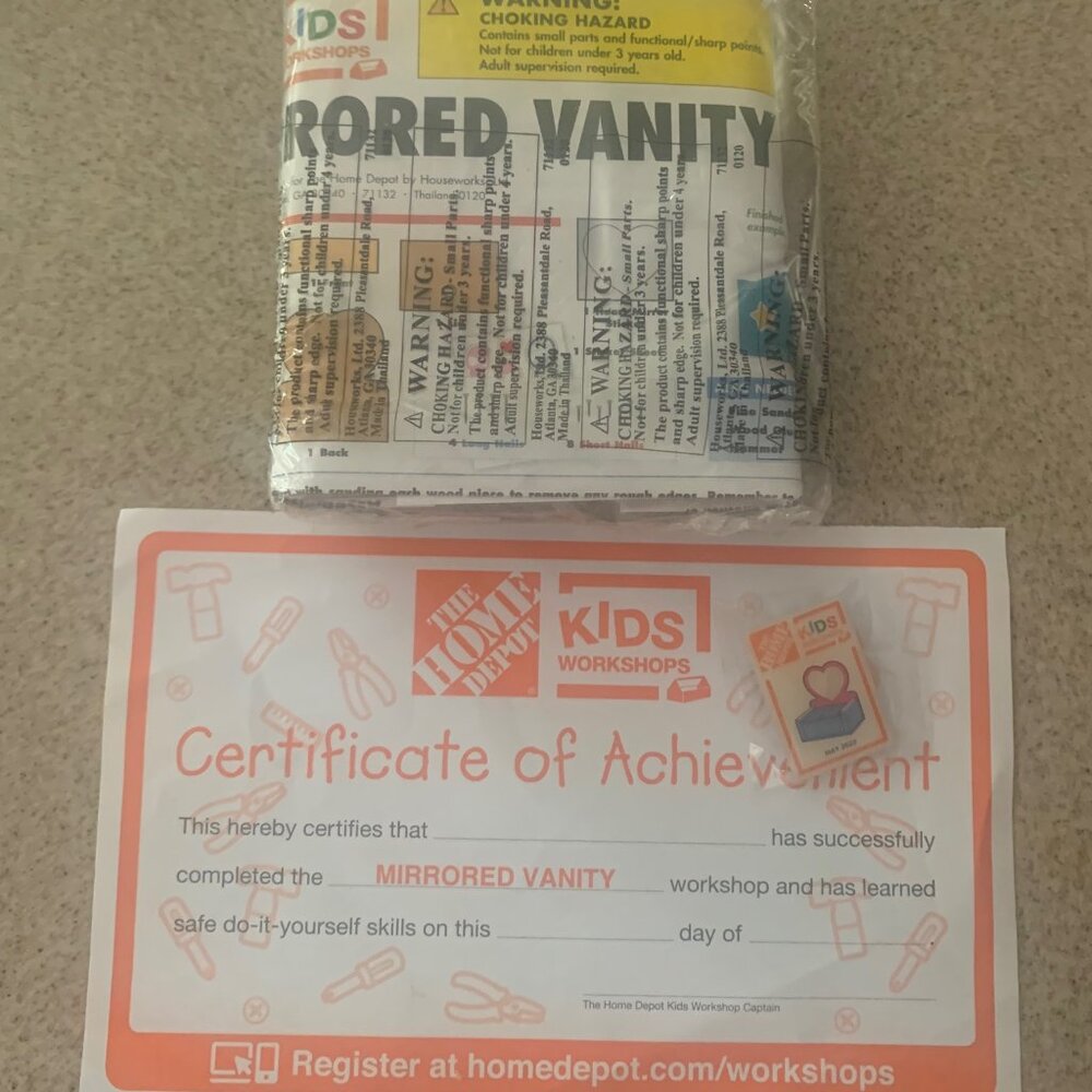Home Depot Kid's Workshop Mirrored Vanity with Pin, Certificate, Stickers.